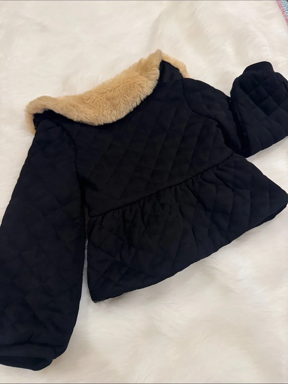 Janie and Jack Black Quilted Jacket with Beige Faux Fur Collar